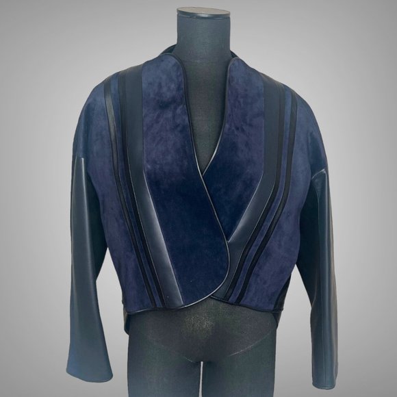 Euro 14,000 HERMES Leather and Suede Mega Bands Fashion Jacket EU 40 Bleu Noir - Picture 1 of 16